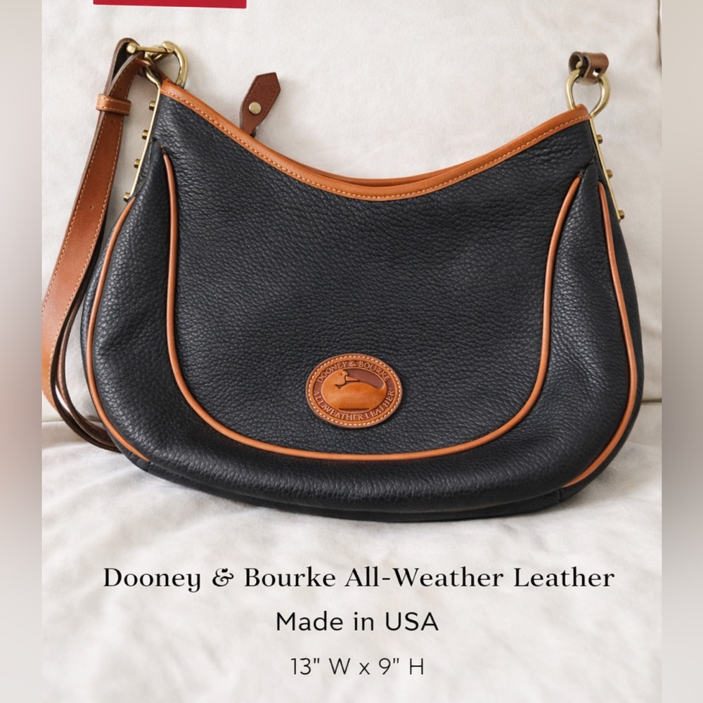 Dooney & Bourke Black Pebbled Leather Hobo Shoulder Bag Tan Trim Made USA